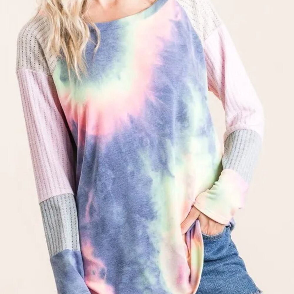✨NWT BiBi Tie Dye Terry Top With Color Block Pointelle Knit